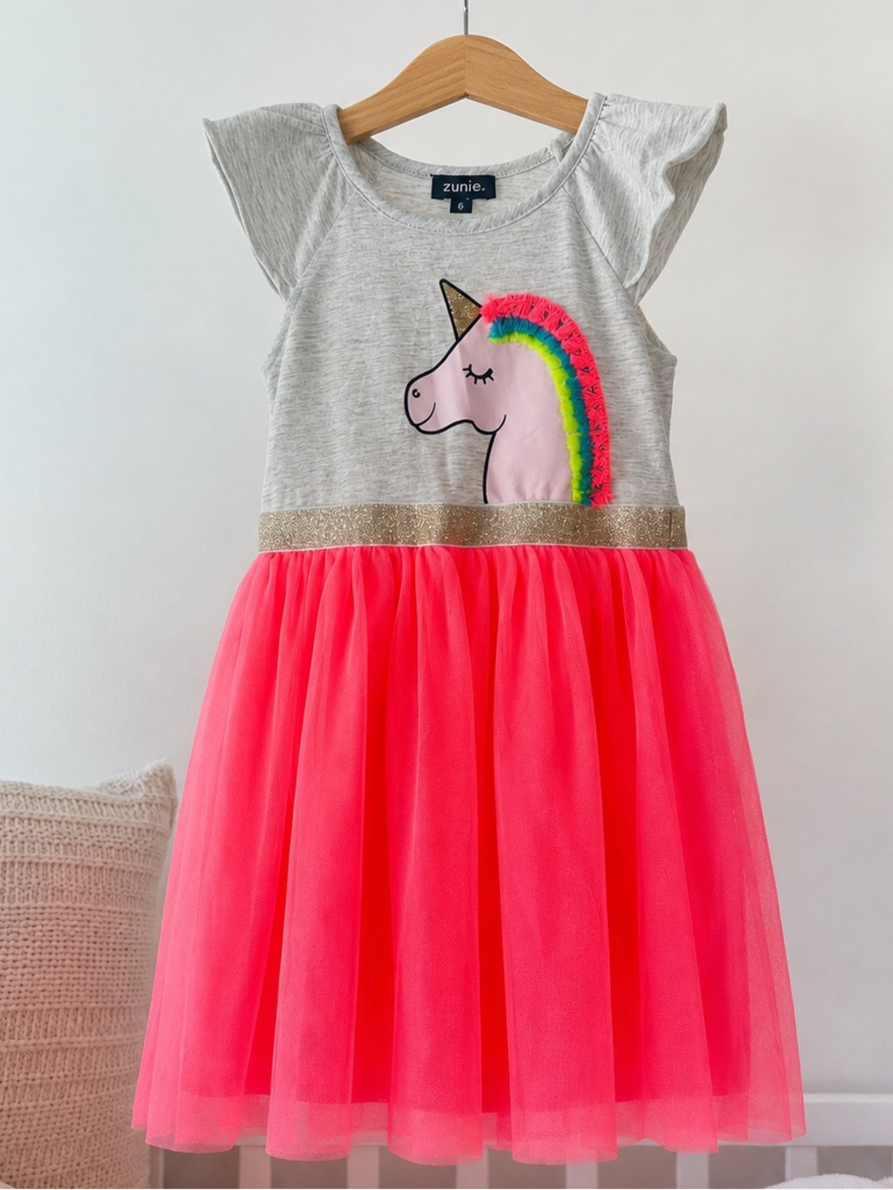 Zunie Gray Top with Neon Pink Tulle Unicorn Dress